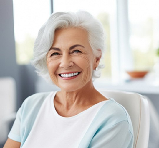 An older woman smiling with a dental bridge   