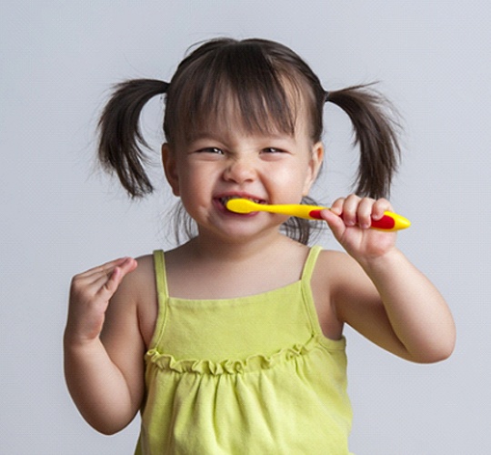 A little girl with pigtails uses a small toothbrush to clean her teeth